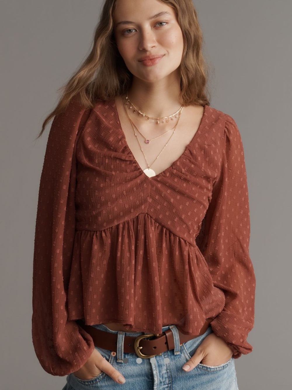 Anthropologie Rust Peplum V-Neck Blouson Sleeve Top